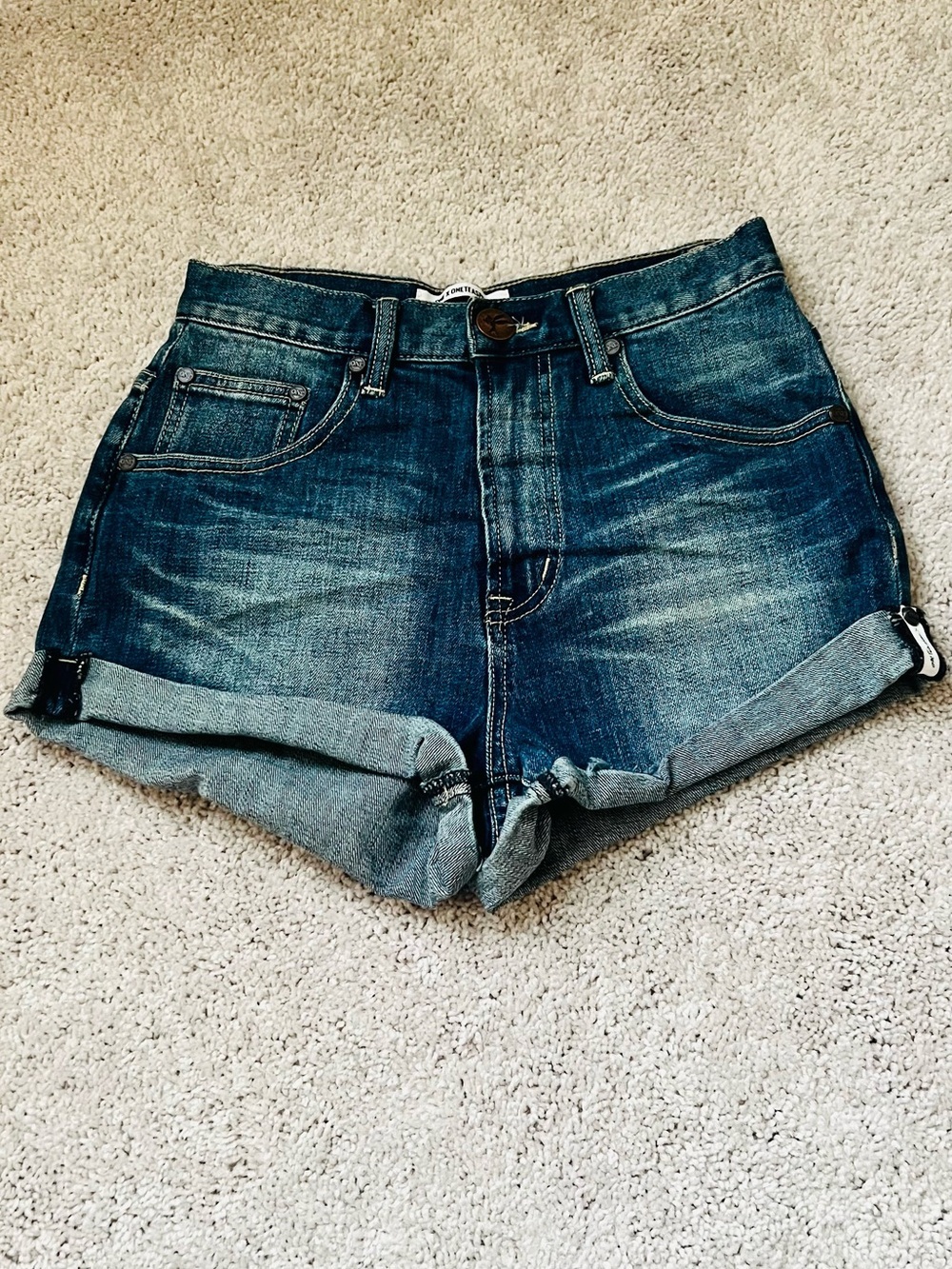 One Teaspoon Distressed Dark Blue Cuffed Denim Shorts 25